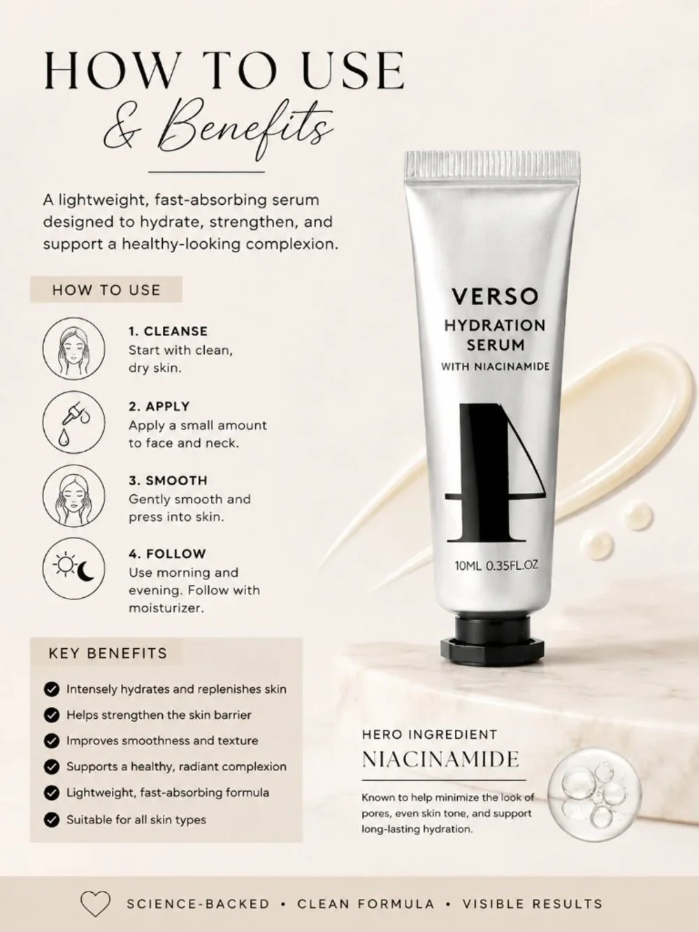 Verso Hydration Serum No. 4 with Niacinamide 10ml / 0.35 oz New